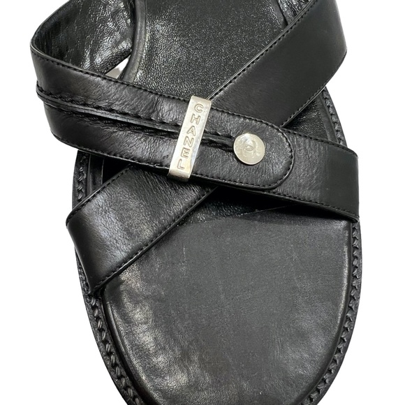 CHANEL BLACK LEATHER CRISS CROSS STRAP SANDAL WITH 1" BLOCK HEEL - Picture 8 of 16